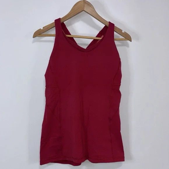 Lululemon Stash N Run Tank Ruby Red Glossy Built In Bra Criss Cross Back Sz 10 - Picture 3 of 8